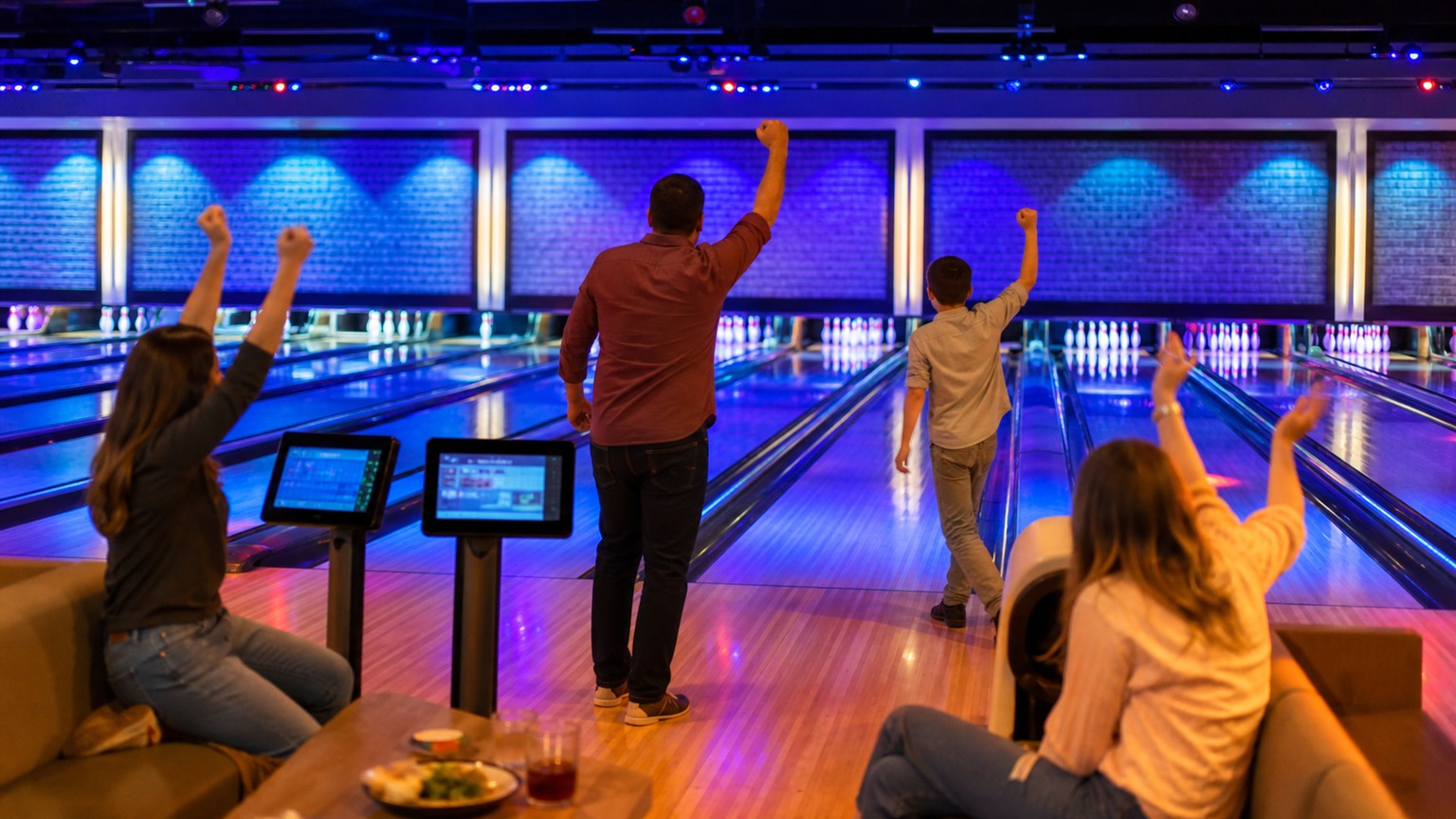 Cosmic bowling night at a modern Destin bowling alley with neon lane lights and a group celebrating a strike