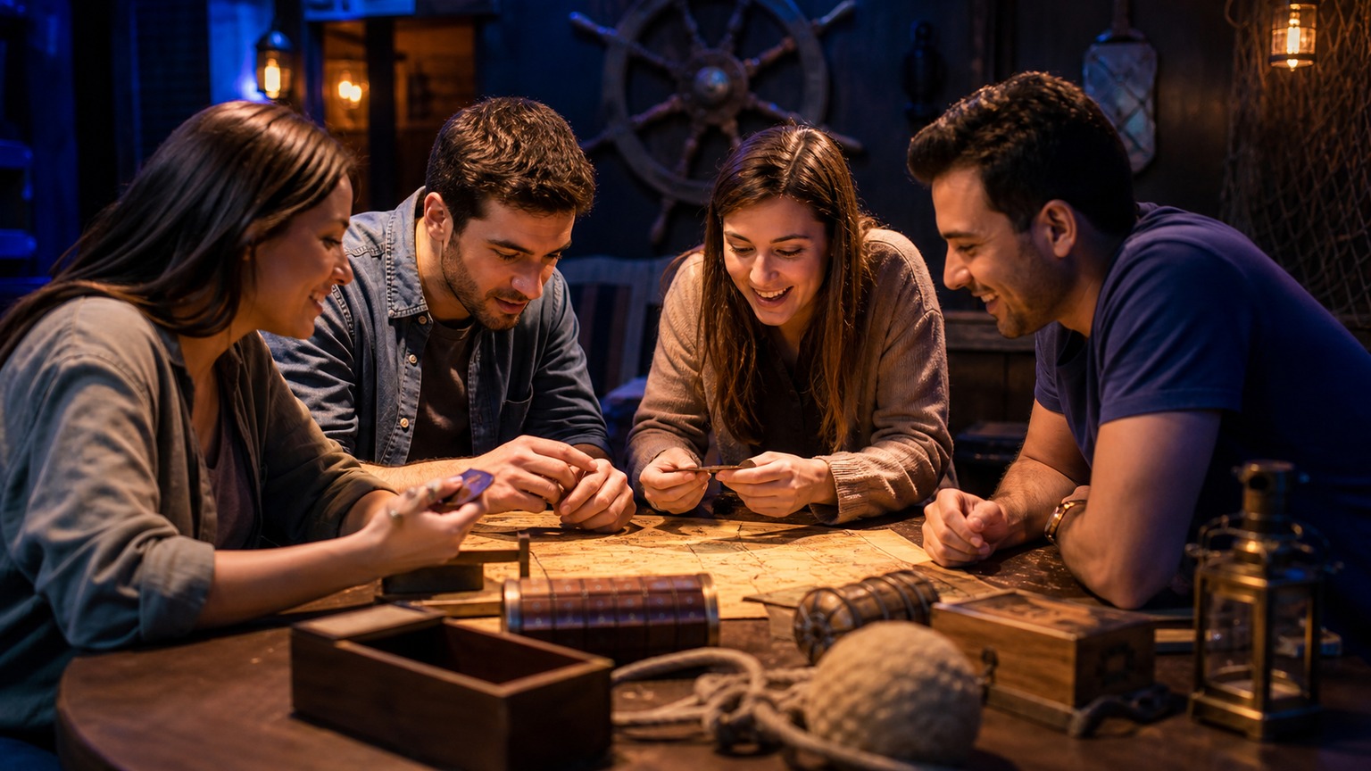 Group of friends working on clues in a theatrical escape room in Destin with dramatic lighting