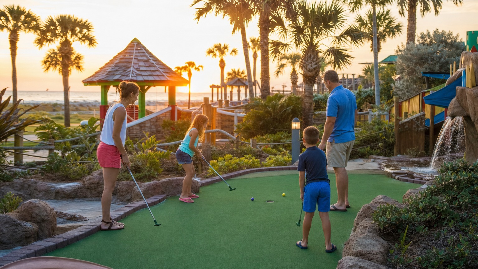 Family playing miniature golf at a colorful beachside mini golf course in Destin Florida at sunset