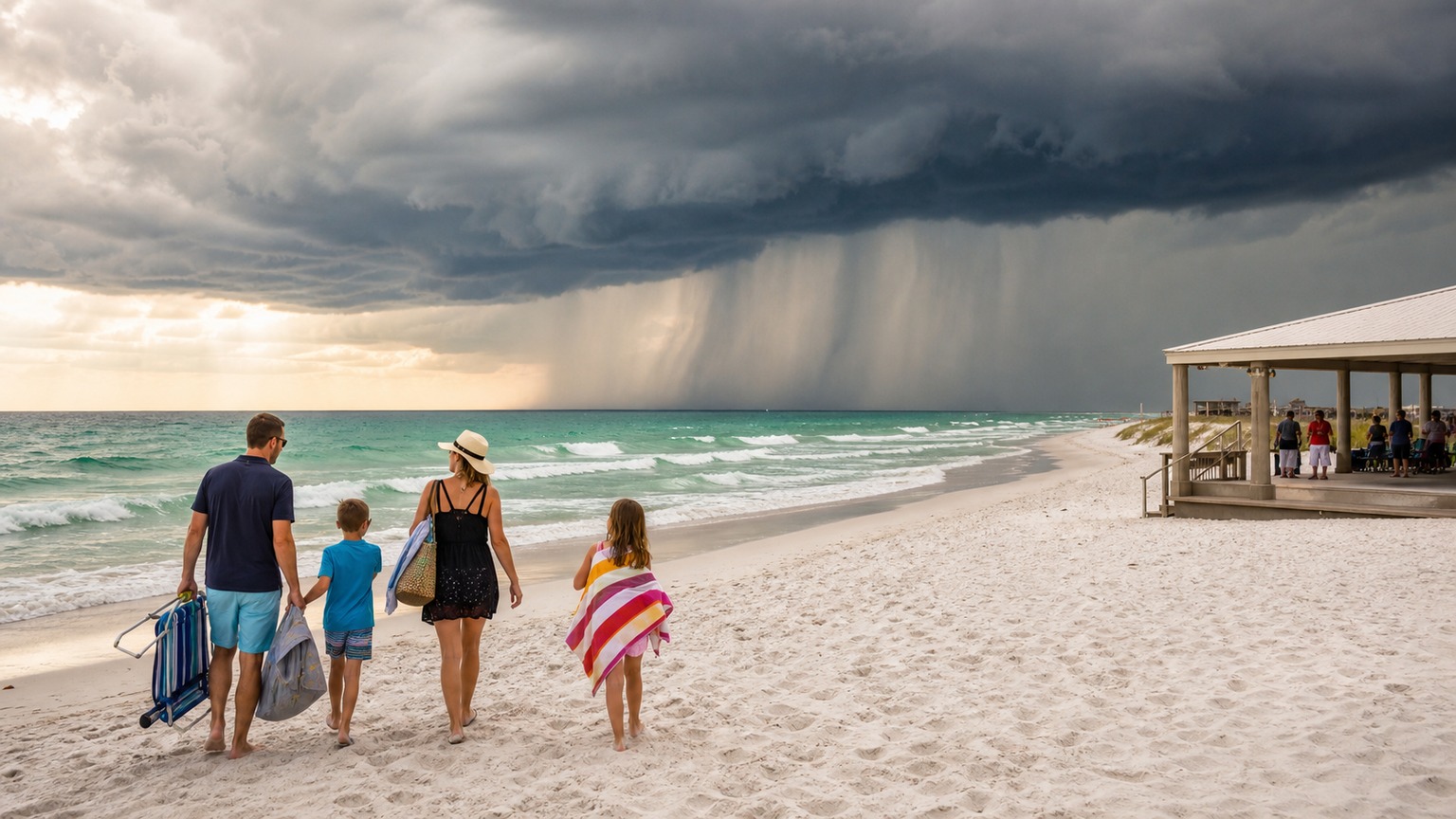 Summer afternoon thunderstorm rolling over the emerald Gulf at Destin Florida with a family heading indoors
