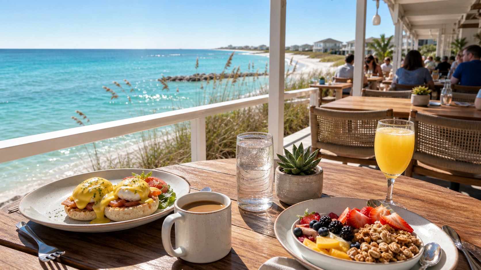 Couple enjoying brunch at a beachfront patio restaurant in Destin Florida with emerald Gulf water visible in the background and tropical cocktails on the table
