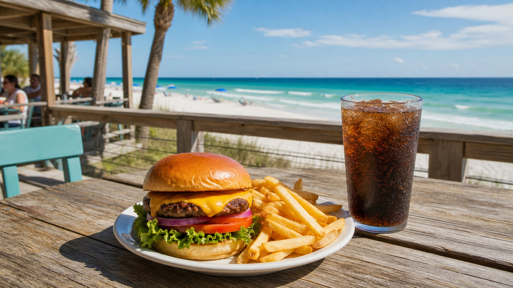 Classic cheeseburger and cold beer on a weathered wood table at an open-air beachside grill in Destin Florida with Gulf views and sand visible just beyond the railing