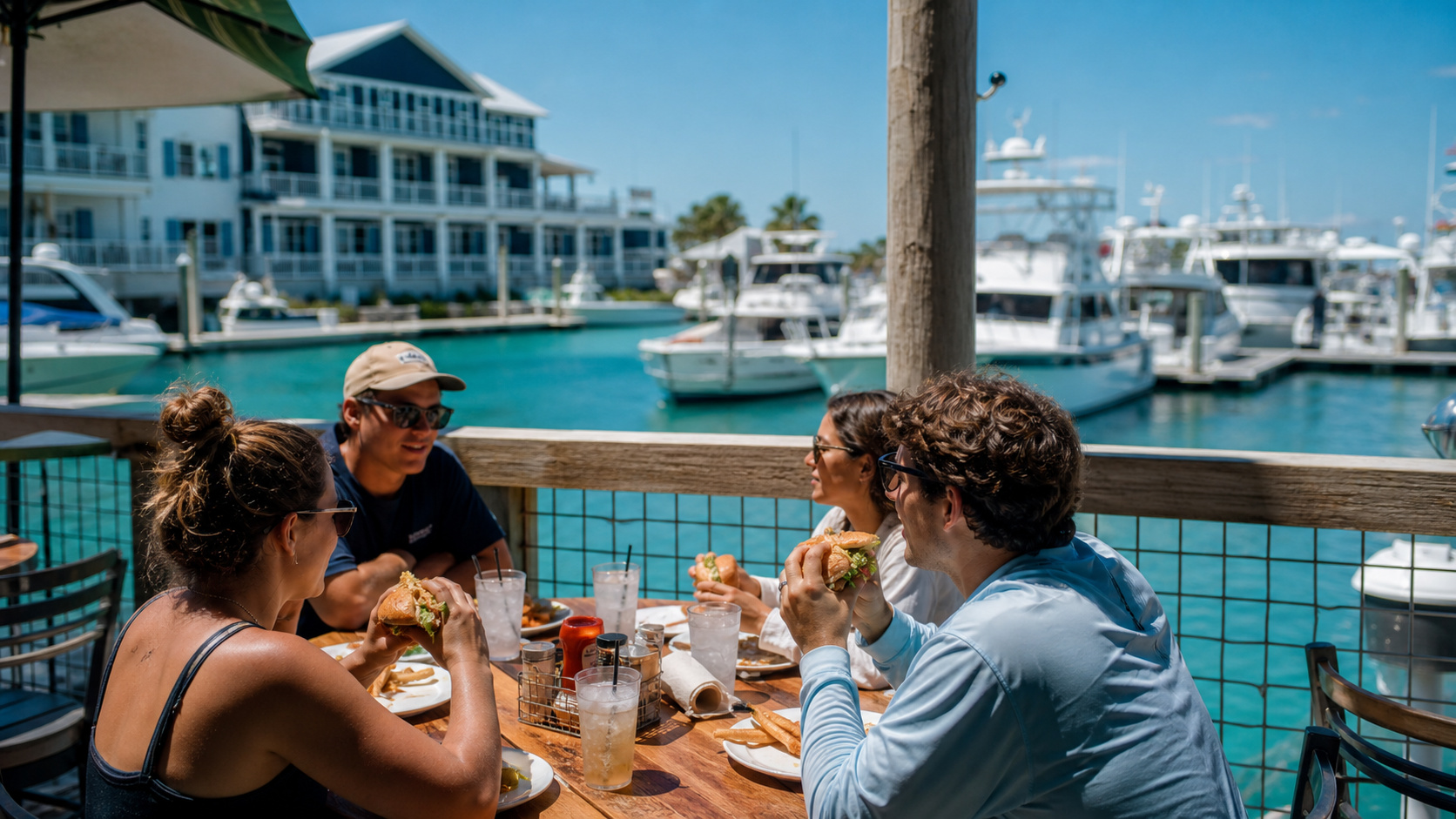 Friends eating burgers and drinking cold beers on the outdoor deck at LuLu's restaurant on Destin Harbor with boats moored in the background on a sunny afternoon