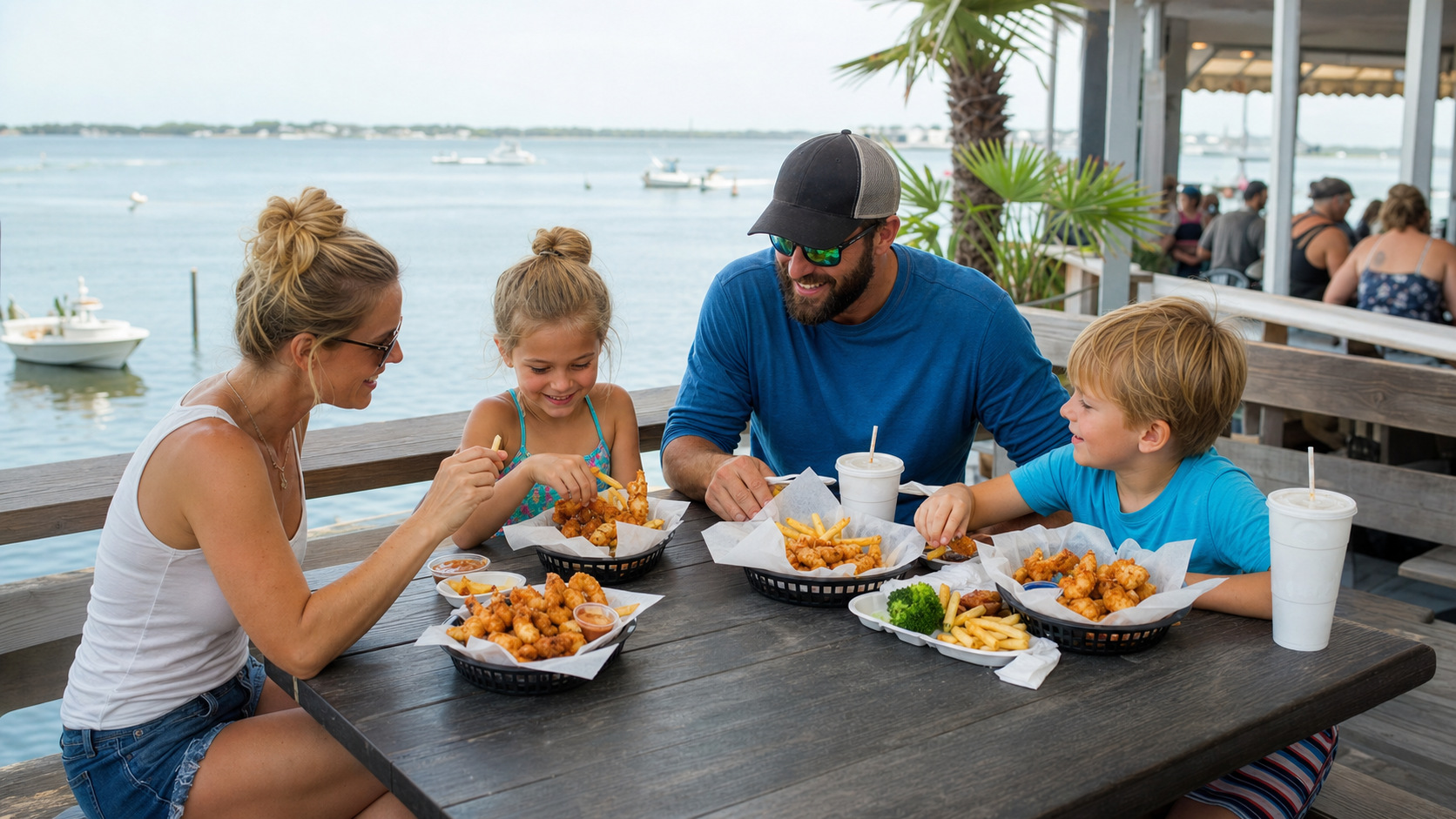 A family with young children at a casual outdoor bay-side seafood restaurant in Destin Florida, fried shrimp baskets and kids meals on a picnic table, calm bay water in the background