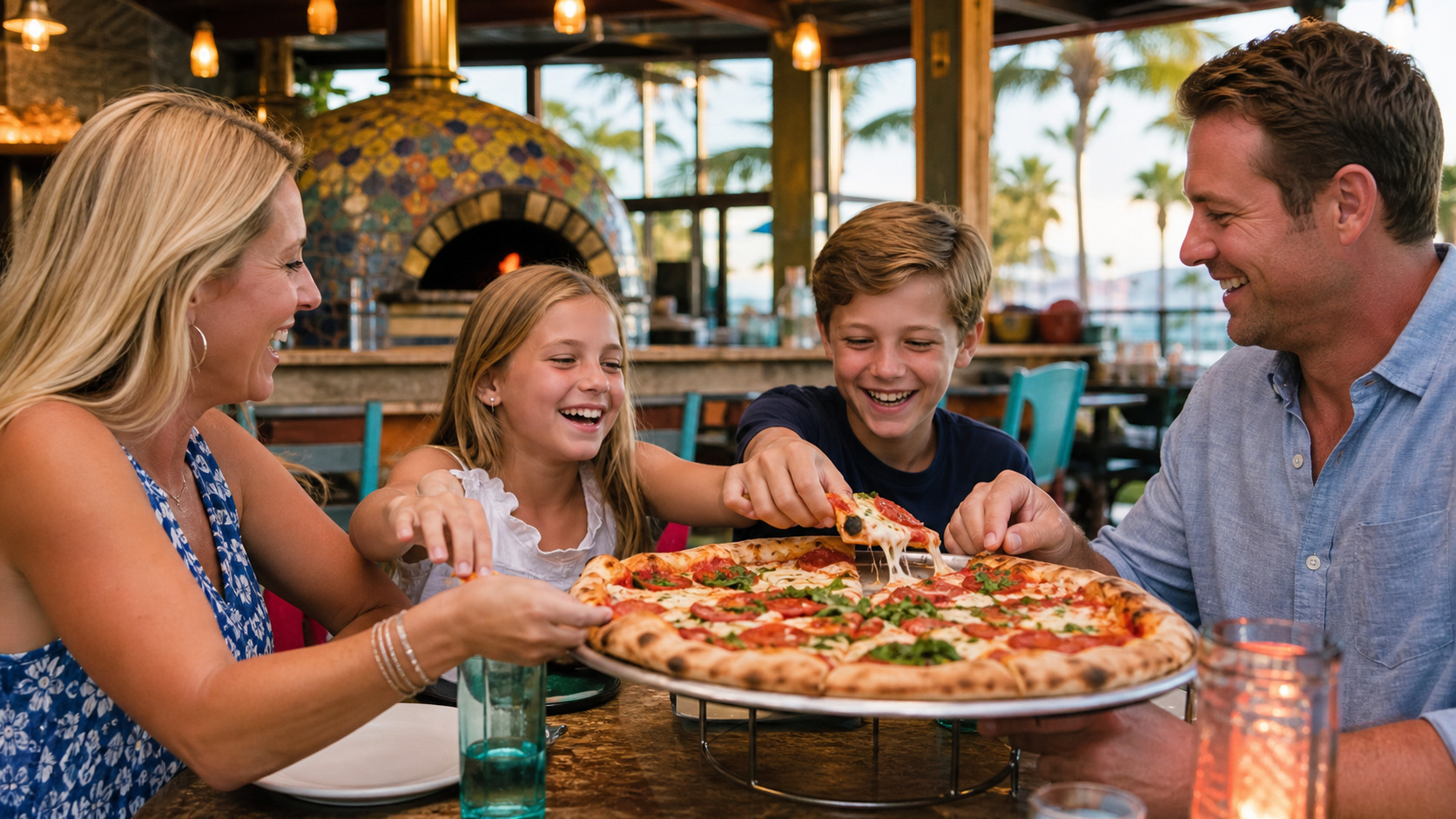 A family of four sharing a large artisan pizza at a colorful casual restaurant in Destin Florida, kids laughing and reaching for slices across the table