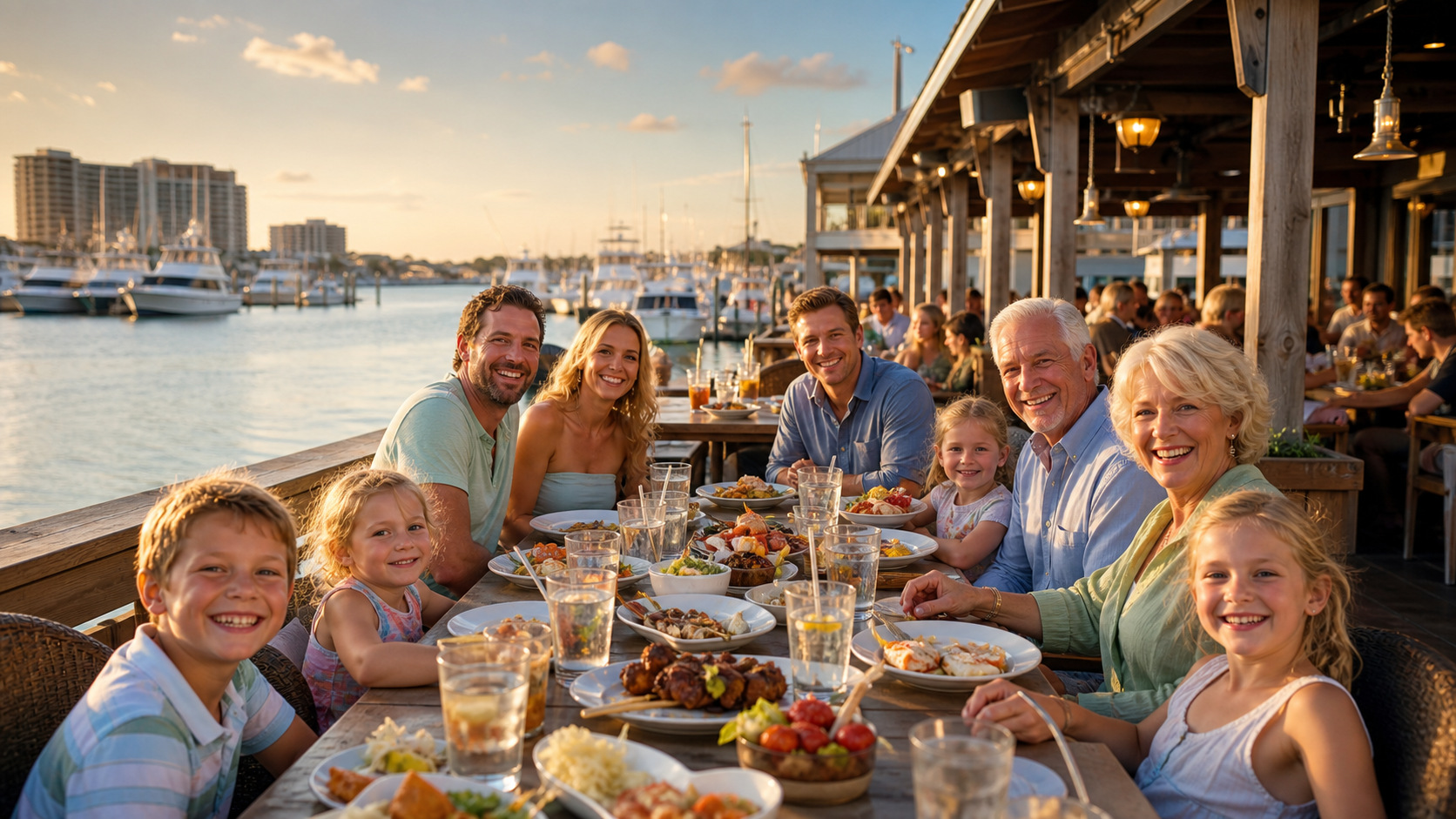 A multi-generational family dining at an outdoor waterfront restaurant in Destin Florida, grandparents and young grandchildren around a long table with harbor views and boats behind them
