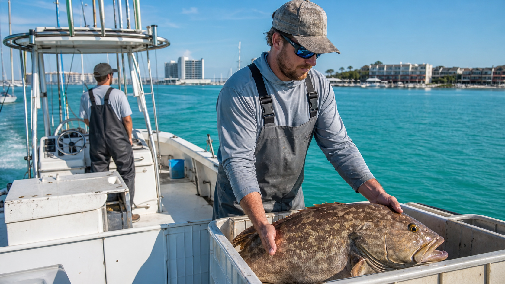 Charter fishing boat returning to Destin Harbor at golden hour with crew and a large fresh-caught red grouper fish on deck, colorful boats in background