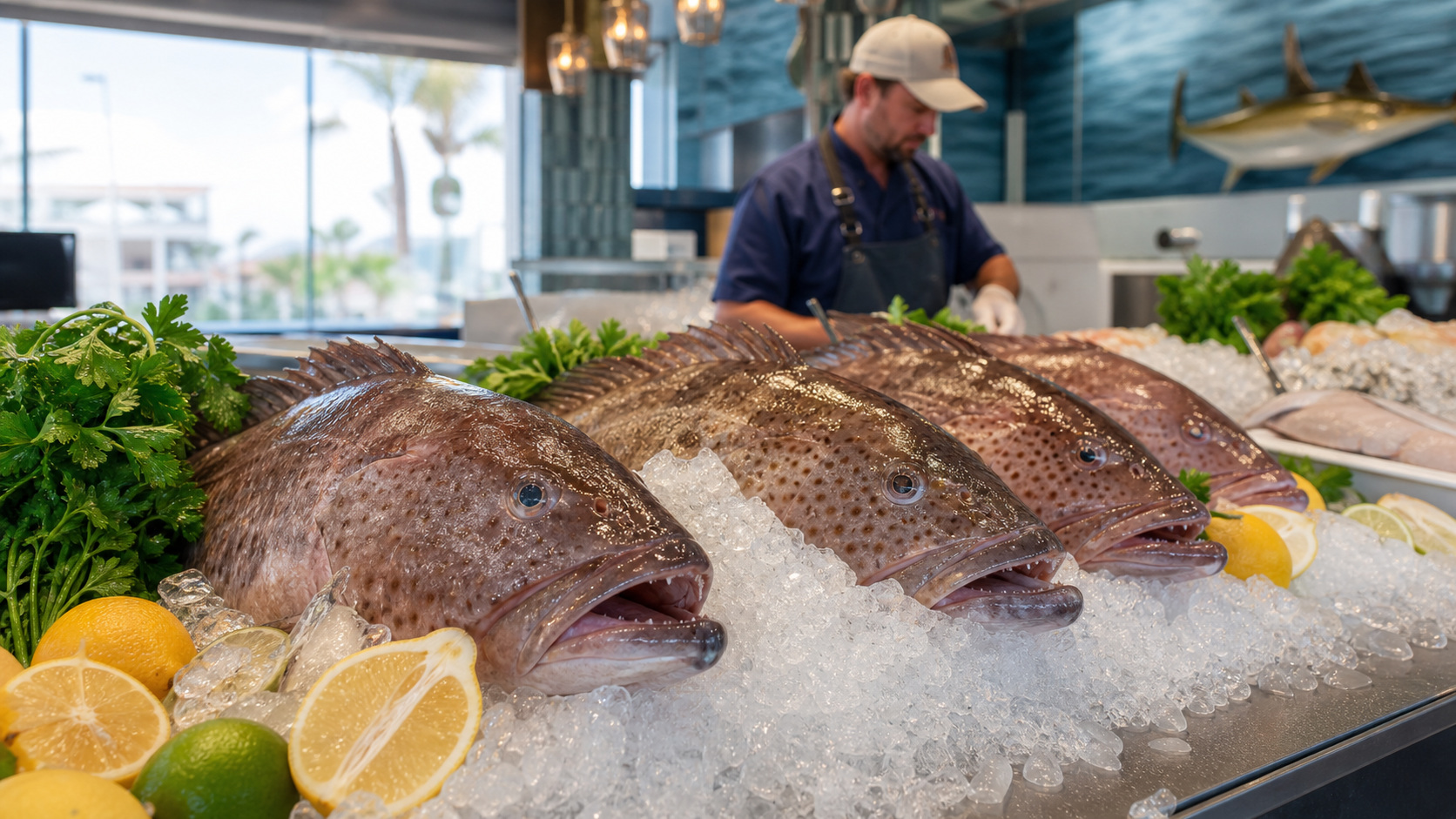 Interior of a fresh seafood market in Destin Florida with thick grouper fillets displayed on crushed ice in a glass case, fishmonger in apron assisting a customer