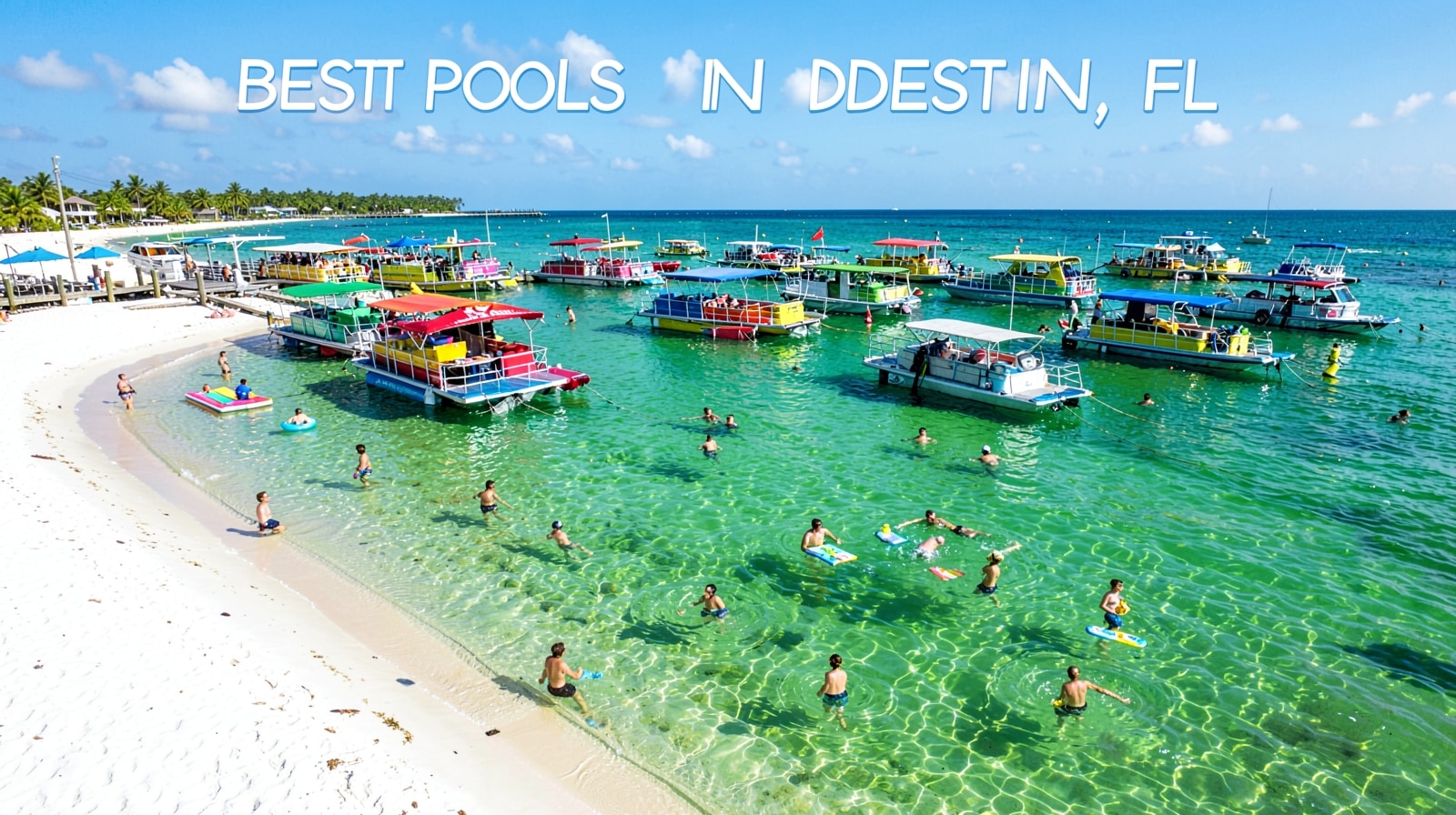 Multiple colorful pontoon boats anchored at the Crab Island sandbar in Destin Harbor with crystal clear emerald green shallow water and people swimming