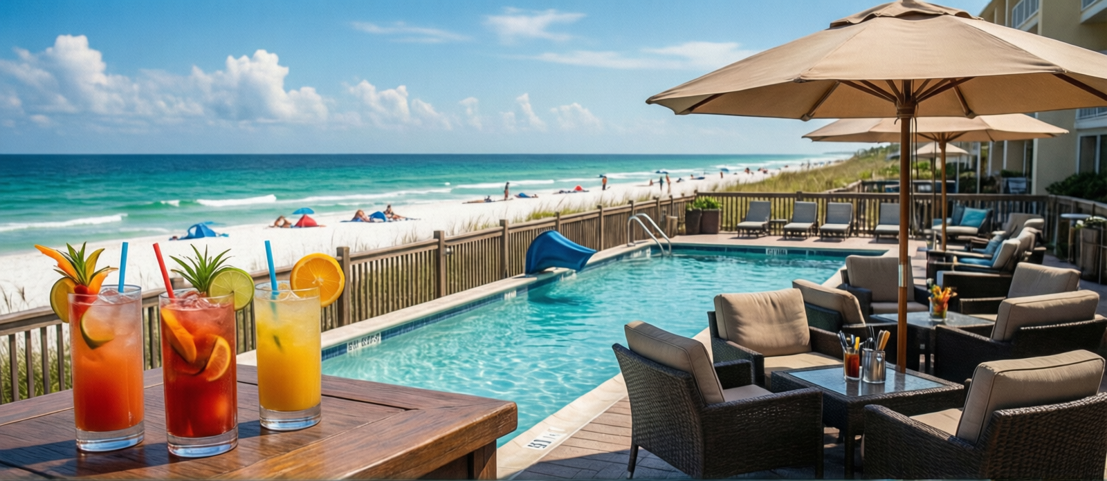 Outdoor poolside bar with tropical cocktails and comfortable umbrella seating at a Gulf Coast resort near Destin Florida on a sunny day