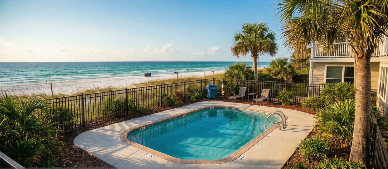 Private backyard swimming pool at a vacation rental home in Miramar Beach Florida surrounded by tropical landscaping on a sunny afternoon