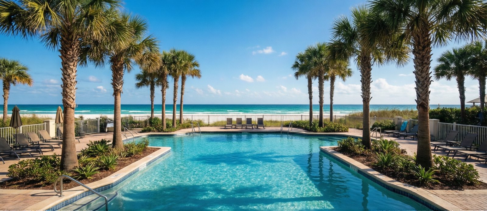 Luxury resort swimming pool with palm trees and blue sky at Sandestin Golf and Beach Resort near Destin Florida