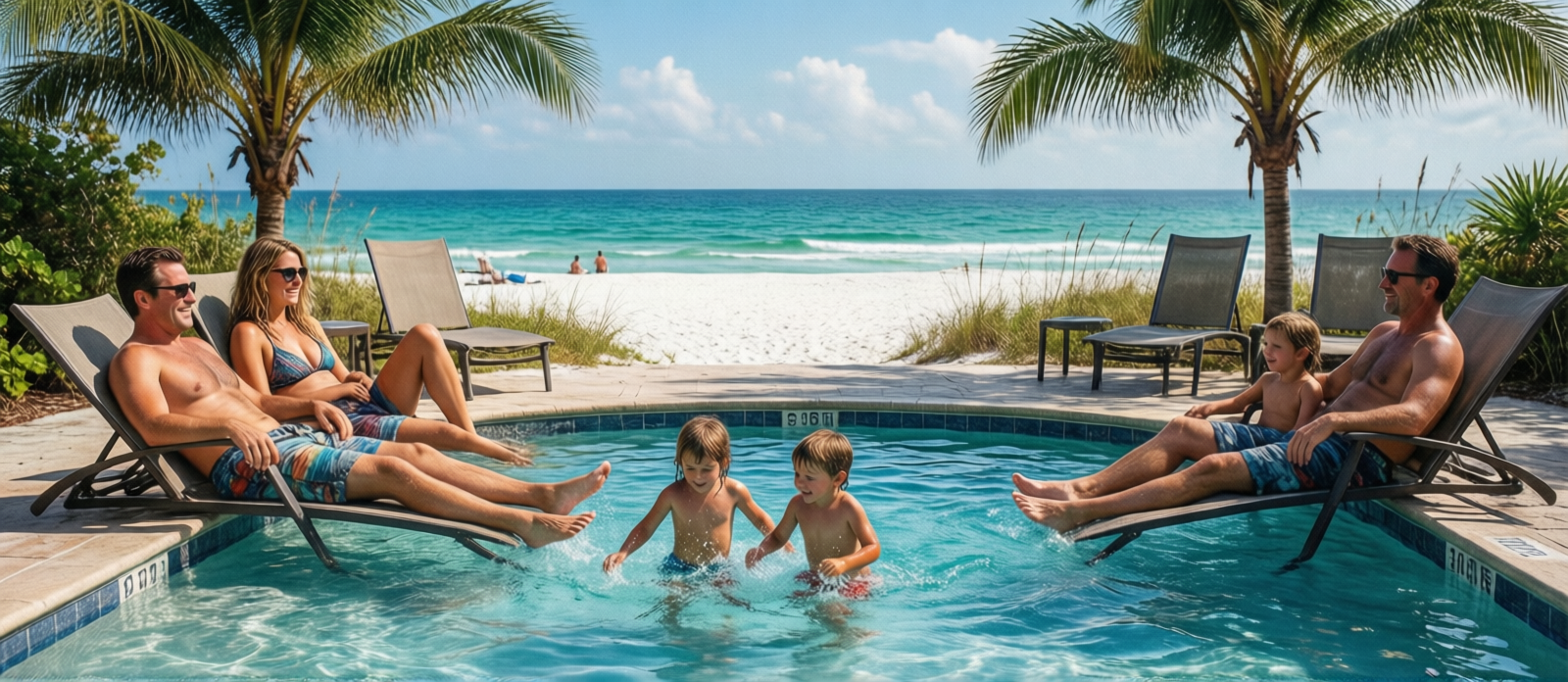 Family relaxing by a private pool in Destin Florida on a hot summer afternoon, children splashing in clear blue water while parents relax in the shade