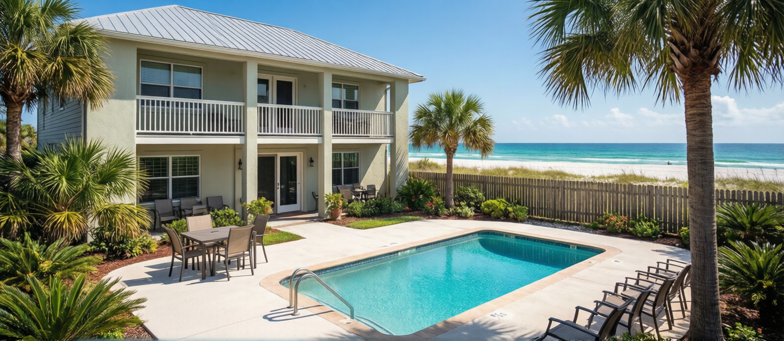 Private vacation rental house with pool in Miramar Beach Florida, clean backyard with outdoor dining area, tropical landscaping, sunny afternoon