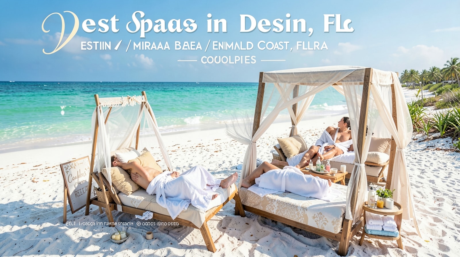 Couple relaxing side-by-side in a couples massage room at a Gulf Coast resort spa with soft warm lighting and white linens