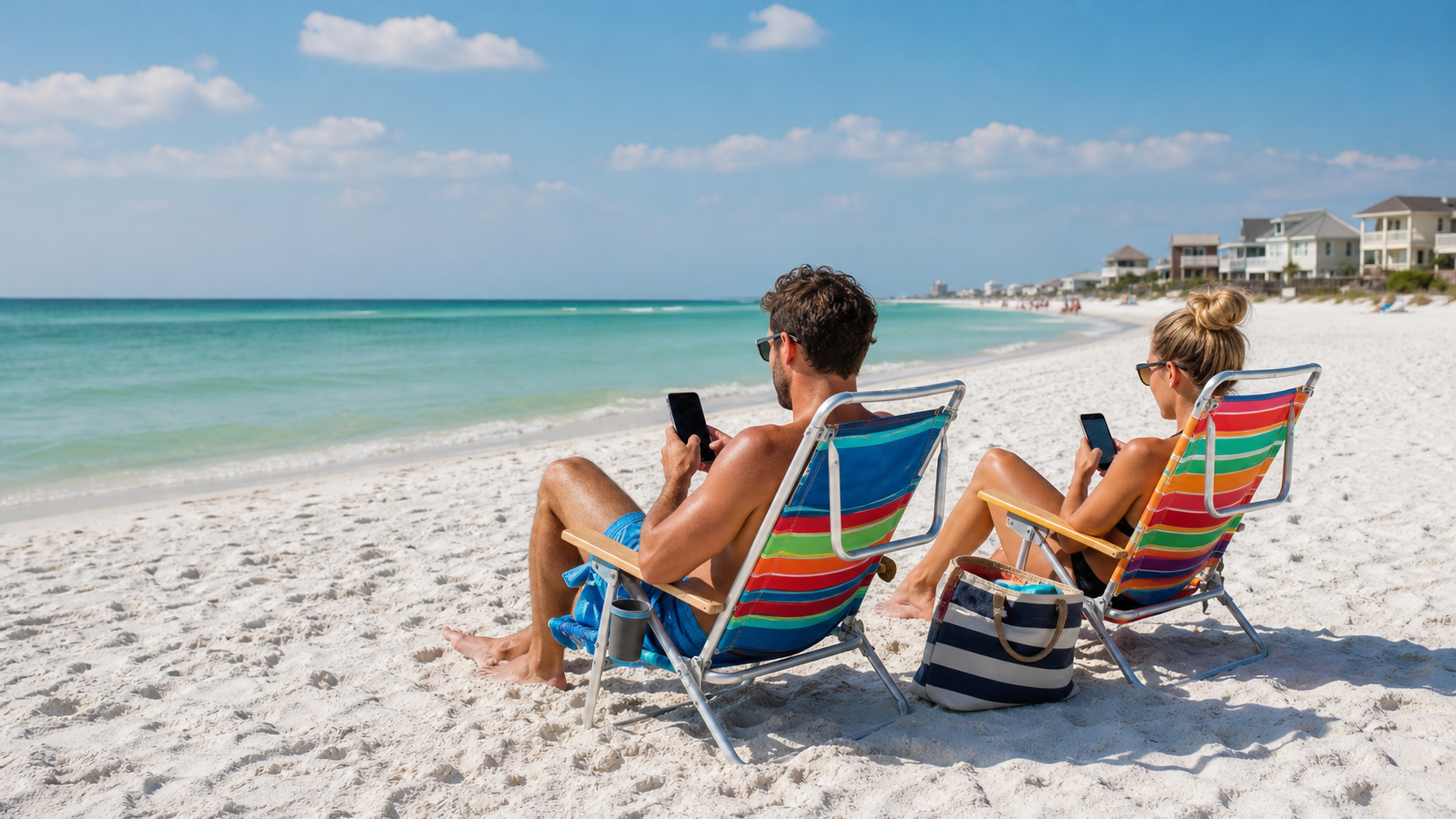Couple on colorful beach chairs at Destin Florida checking smartphones, turquoise water and white sand in background