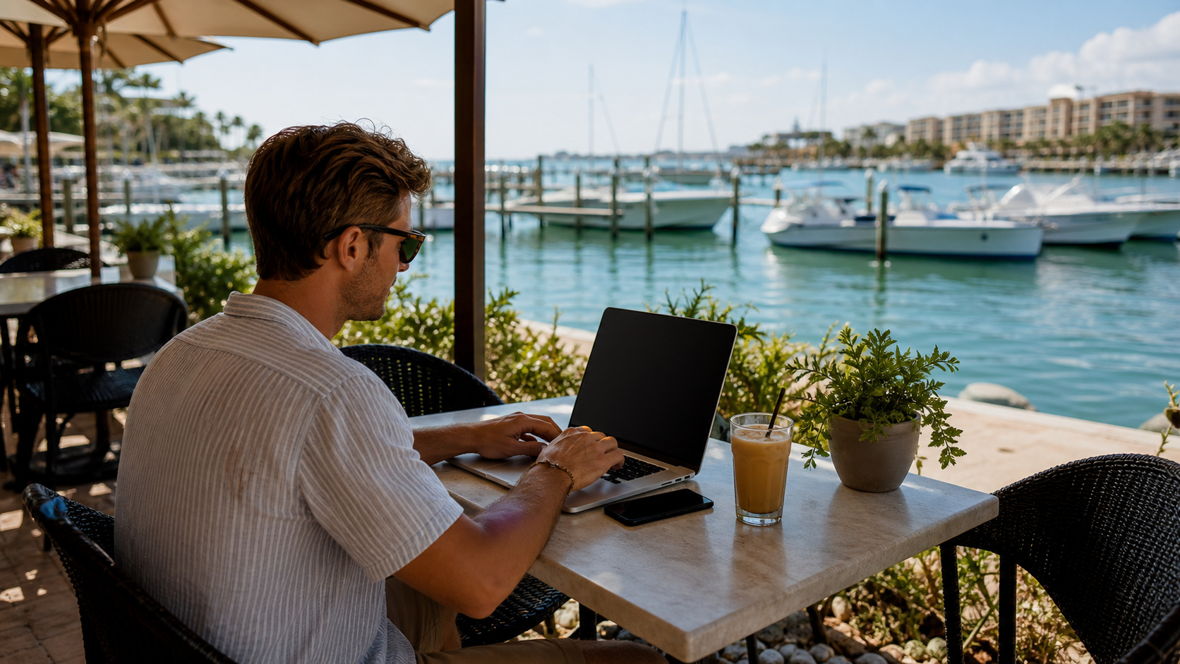 Digital nomad working on a laptop at an outdoor waterfront cafe in Destin Florida, harbor boats visible in the background