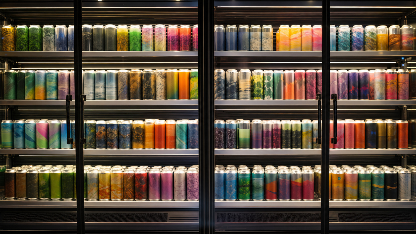 Well-stocked craft beer cooler in a Florida bottle shop with colorful local and regional craft beer cans neatly arranged on refrigerated shelves