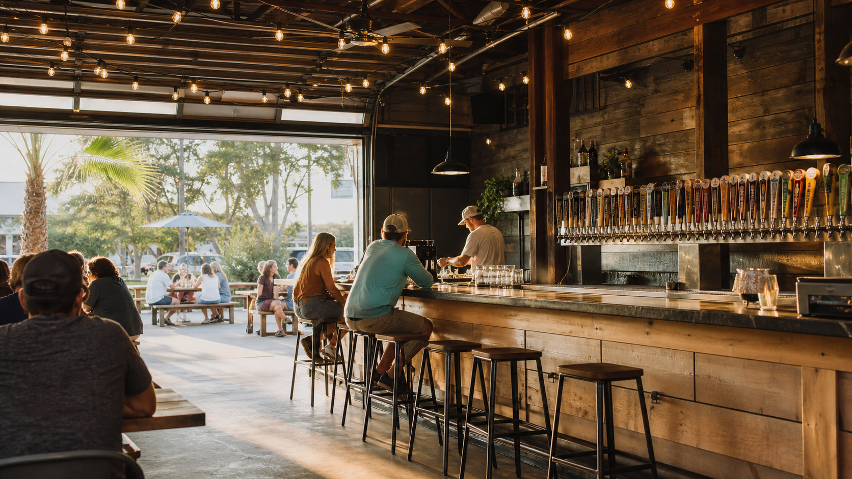 Grayton Beer Company taproom interior with wooden bar, colorful beer tap handles, and string lights in Santa Rosa Beach Florida near Destin