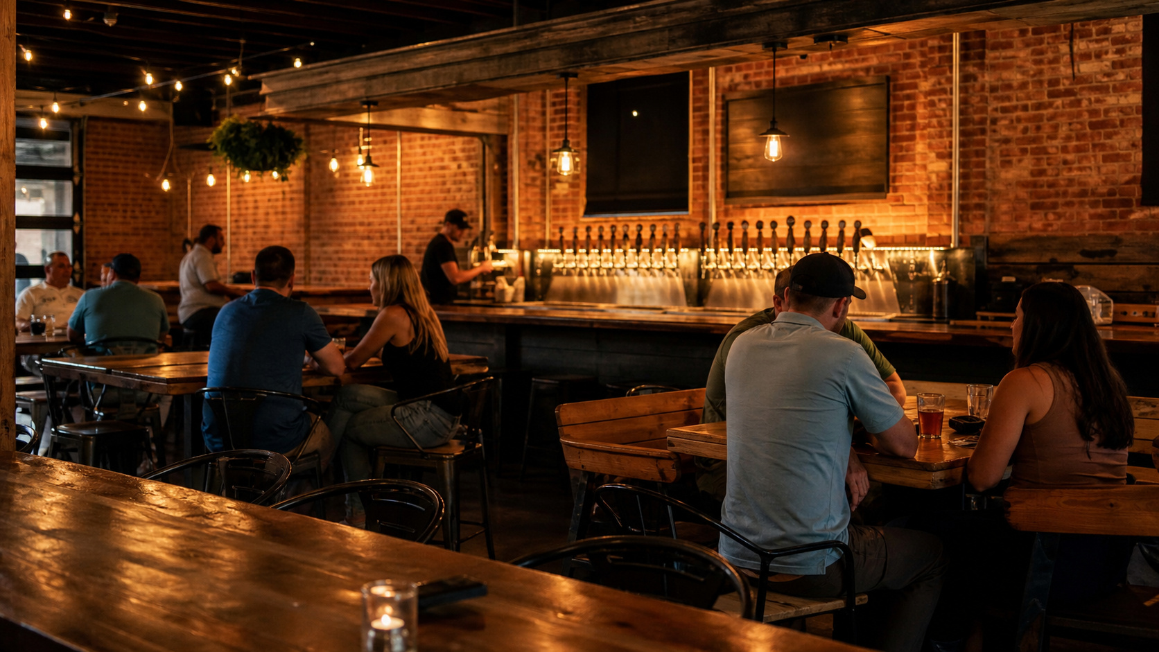 Craft beer taproom near Fort Walton Beach Florida with exposed brick walls, communal wooden tables, and illuminated tap handles behind the bar