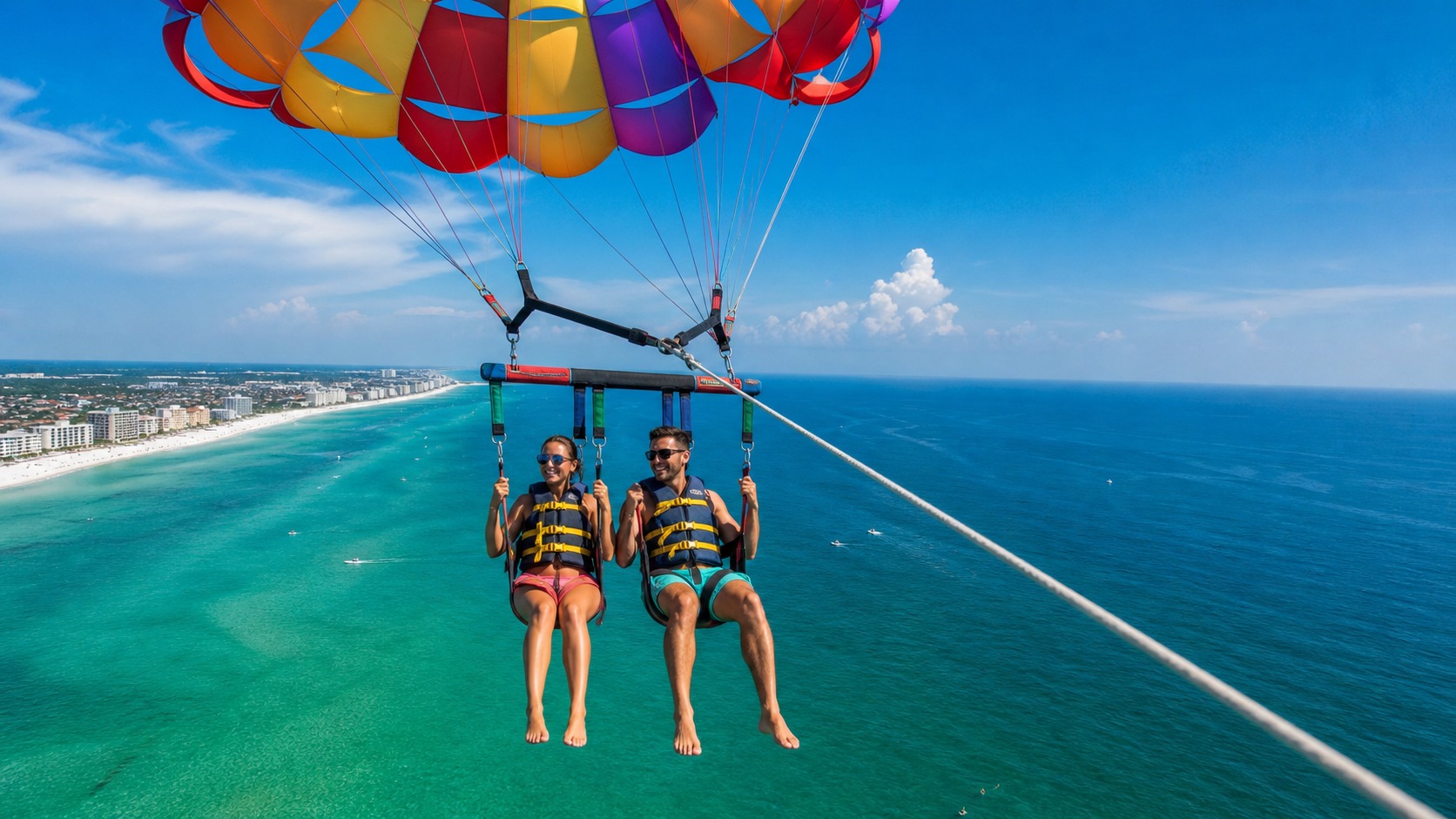 Couple parasailing tandem over crystal-clear emerald Gulf of Mexico water near Destin Florida harbor, aerial view, Destin coastline visible far below on a sunny summer day
