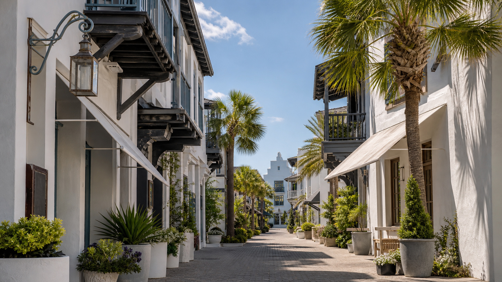 Charming white-washed buildings and palm trees along a pedestrian street in Rosemary Beach Florida on a sunny afternoon