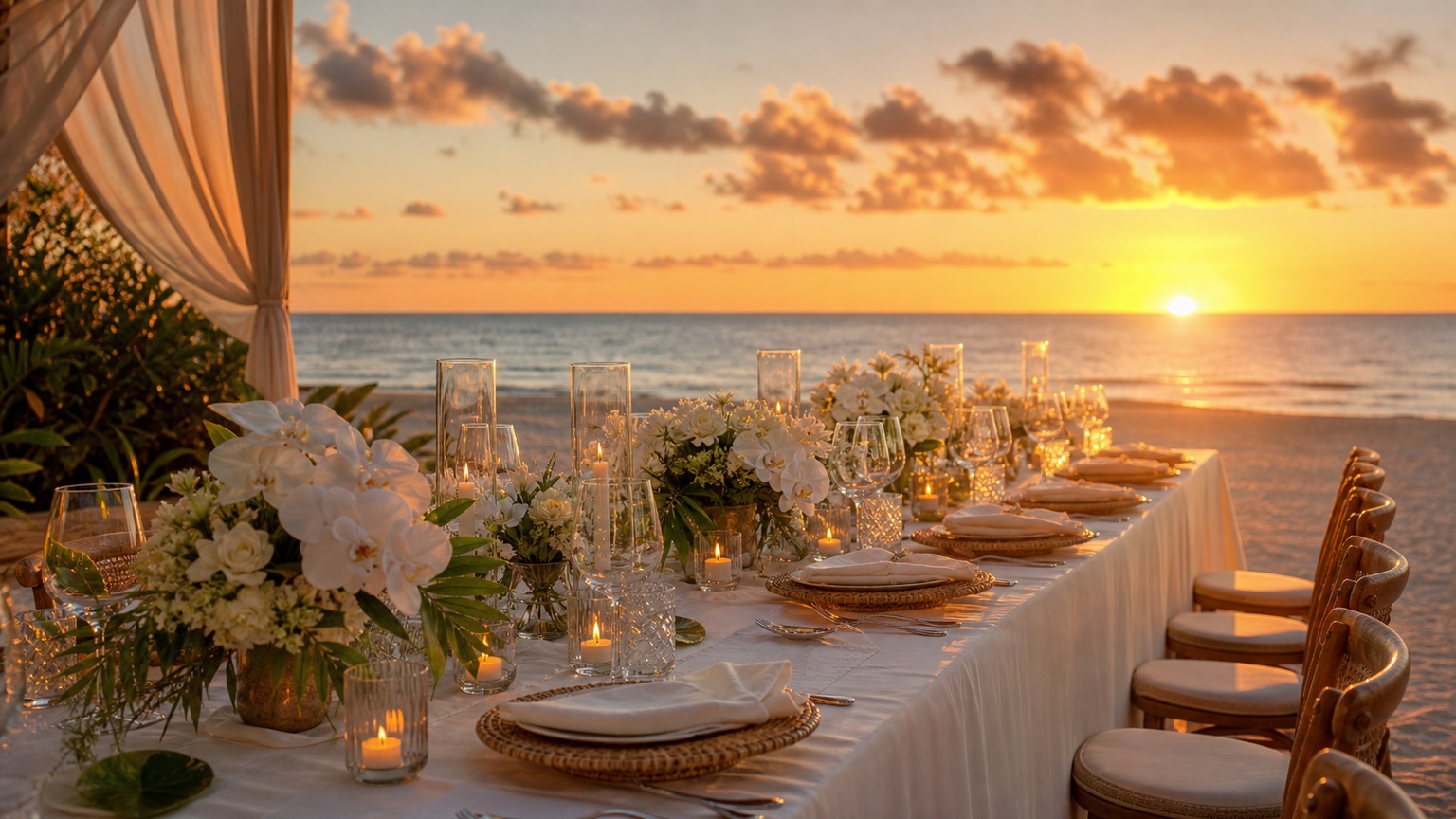 Intimate outdoor wedding reception table setup with tropical flowers, candles, and linen on a beach in Destin Florida at sunset, warm golden light