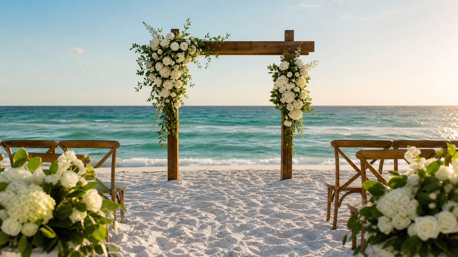 Elegant beach wedding ceremony on white sand at Destin Florida with a wooden arch adorned with white flowers, emerald Gulf water in background