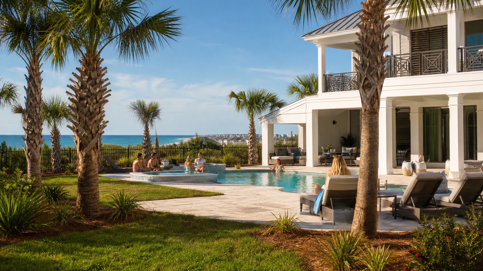 Happy wedding party group relaxing around a private pool at a Miramar Beach Florida vacation rental, tropical setting with palm trees and lounge chairs