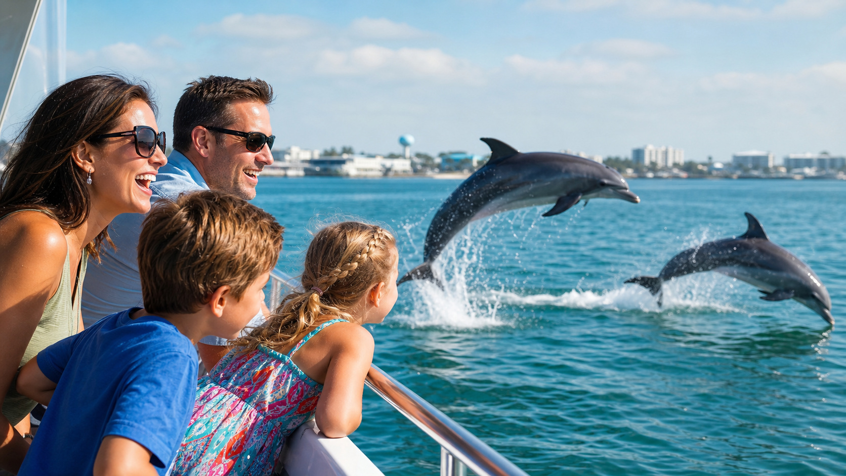 Excited family of four watching wild bottlenose dolphins leap alongside their sightseeing boat during a dolphin cruise in Destin Harbor on a bright sunny afternoon