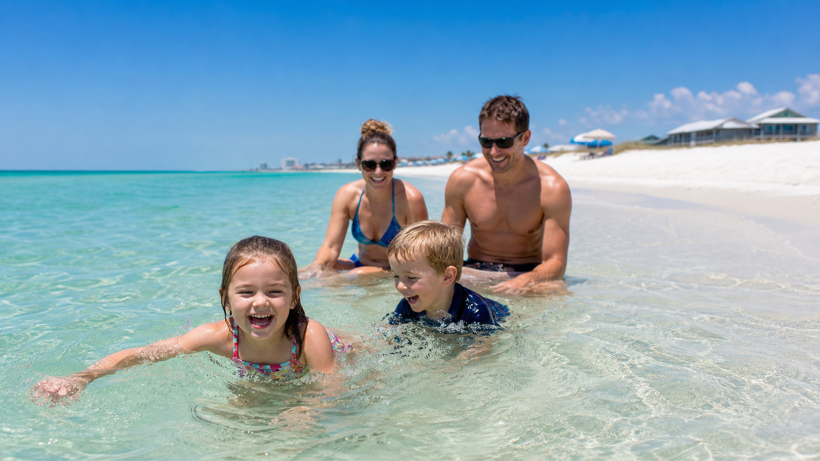 Young children laughing and playing in the shallow calm turquoise water at Destin beach with brilliant white sand and a sunny summer sky