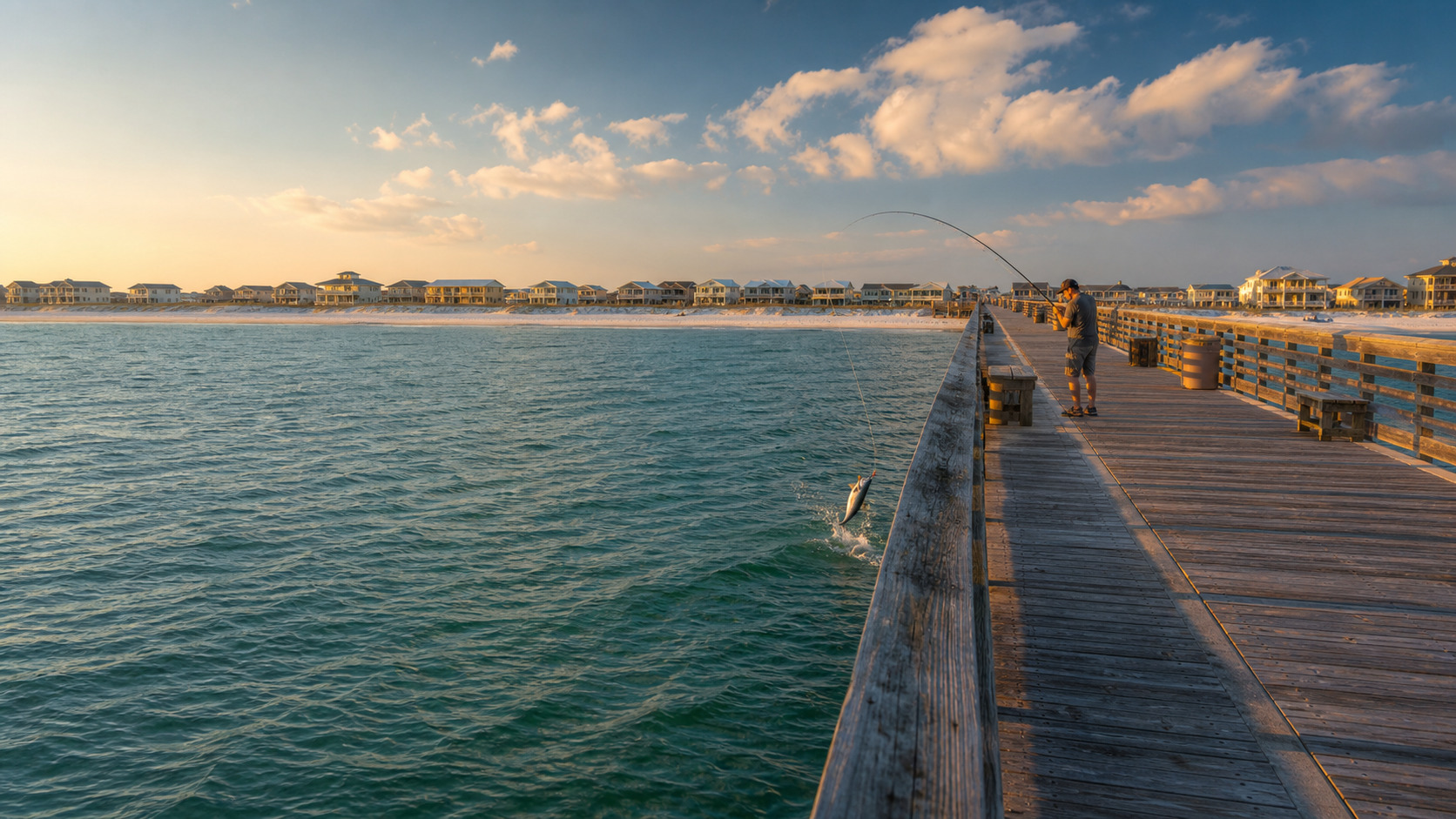 The long Navarre Beach Fishing Pier stretching over the Gulf of Mexico at golden hour with an angler reeling in a silvery catch
