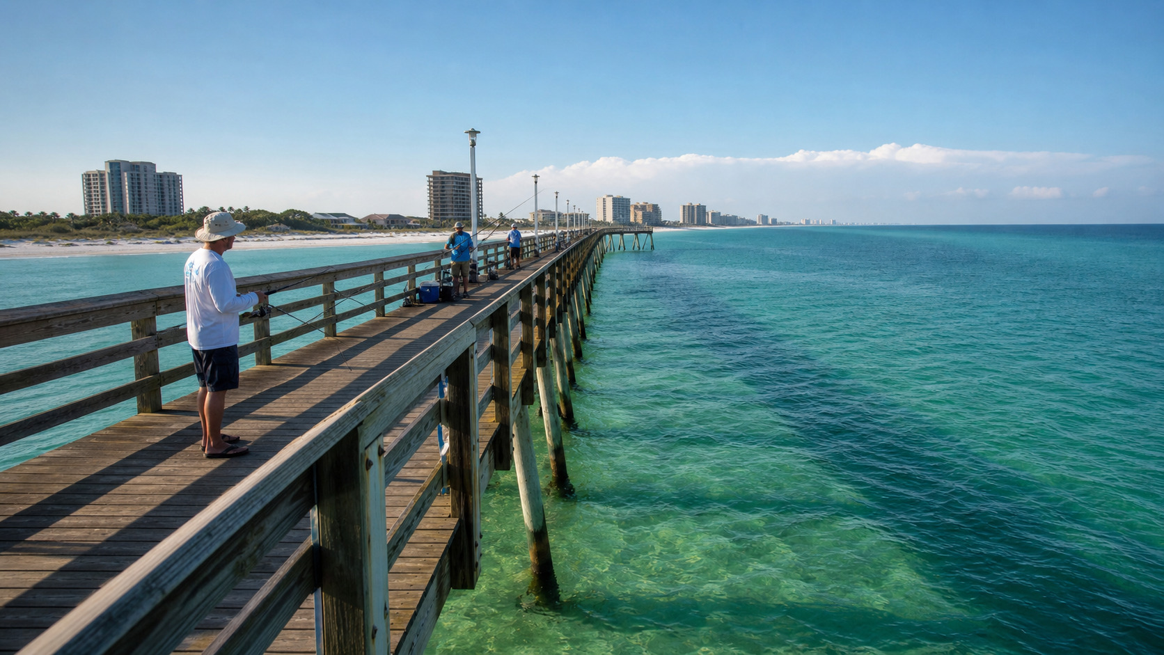 Anglers fishing from the long wooden Okaloosa Island Fishing Pier in Fort Walton Beach with emerald Gulf waters below