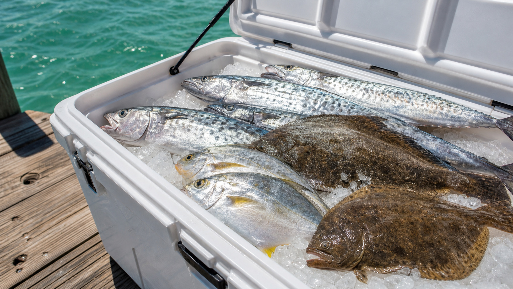 Fresh-caught Spanish mackerel, golden pompano, and flounder arranged on crushed ice in a cooler on a fishing pier near Destin Florida