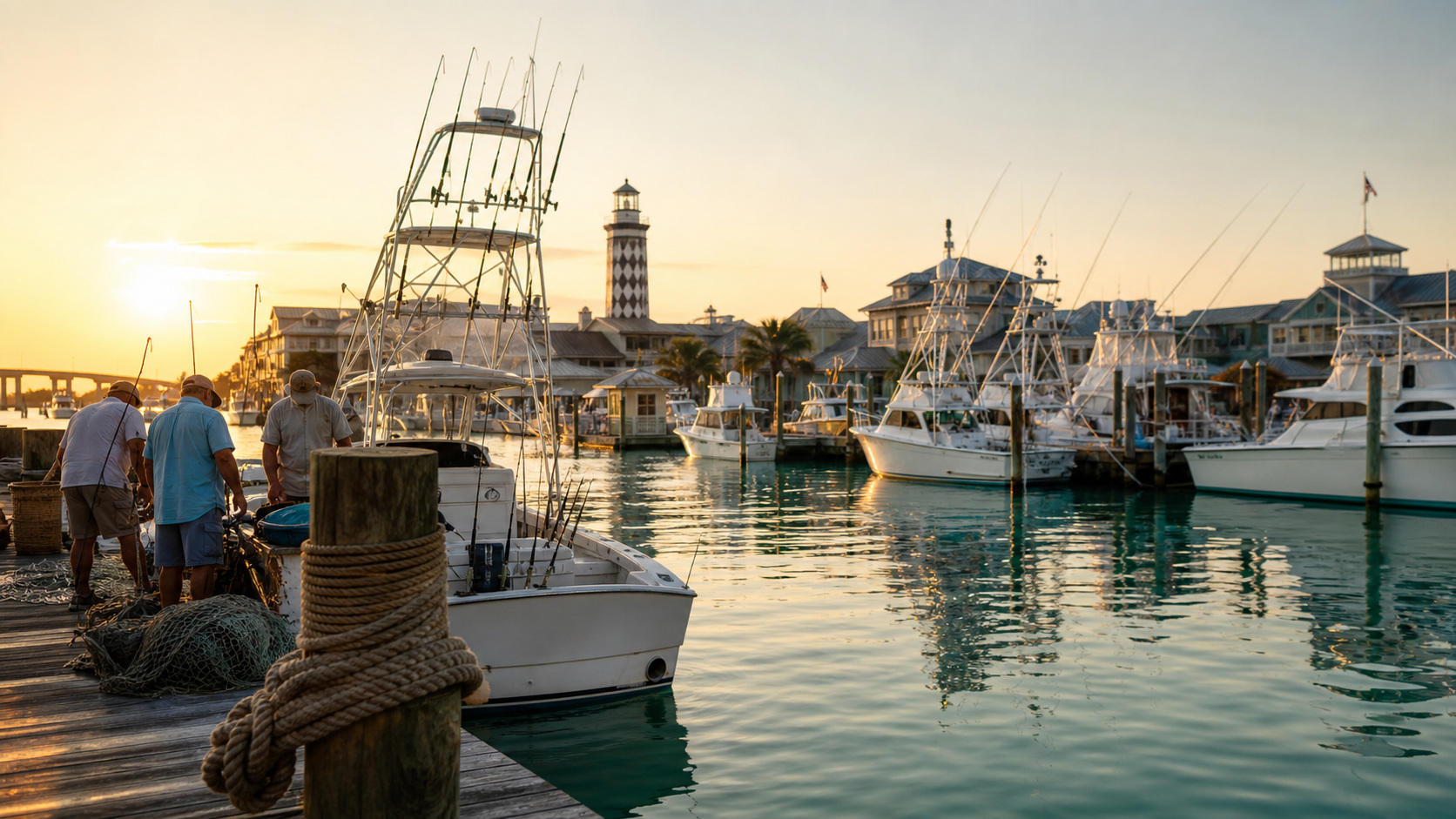 Deep-sea charter fishing boats docked at Destin Harbor flying tournament pennants on a clear October morning