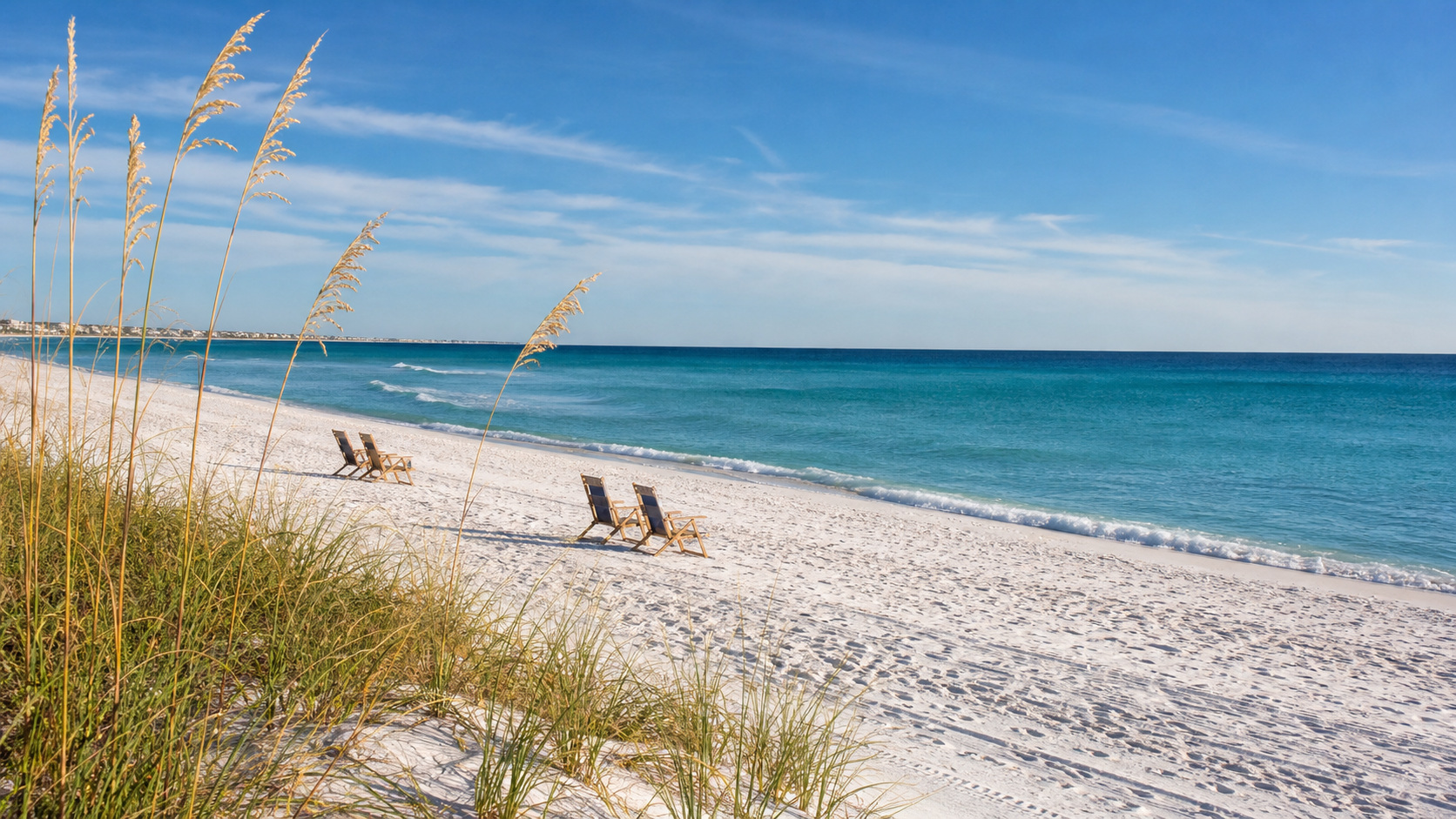 Empty white sand beach in Destin Florida on a beautiful October afternoon with warm golden light on calm emerald Gulf water and natural coastal dune vegetation
