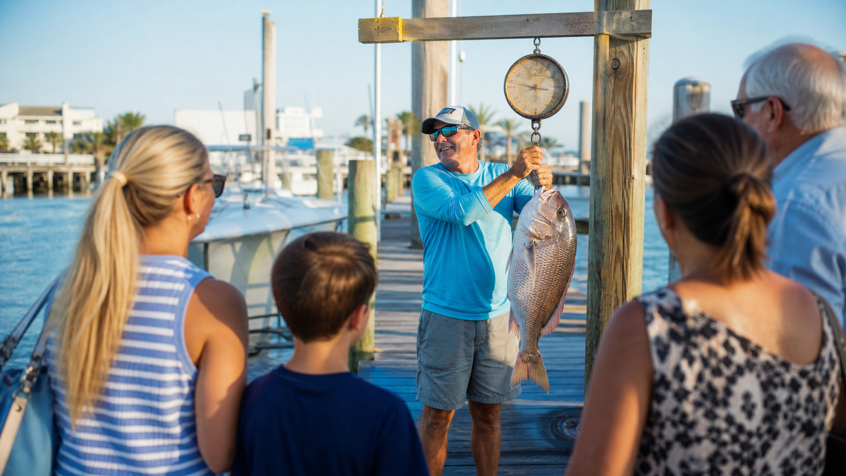 Large crowd of spectators at the official weigh station at Destin Harbor watching a large amberjack being hoisted on the scale during the October Fishing Rodeo