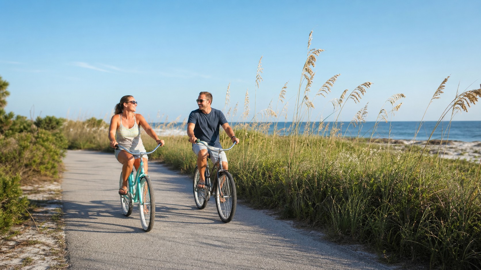 Two cyclists riding along a flat paved coastal trail near Destin Florida, sea oats and dune vegetation framing the path, bright sunny Florida morning