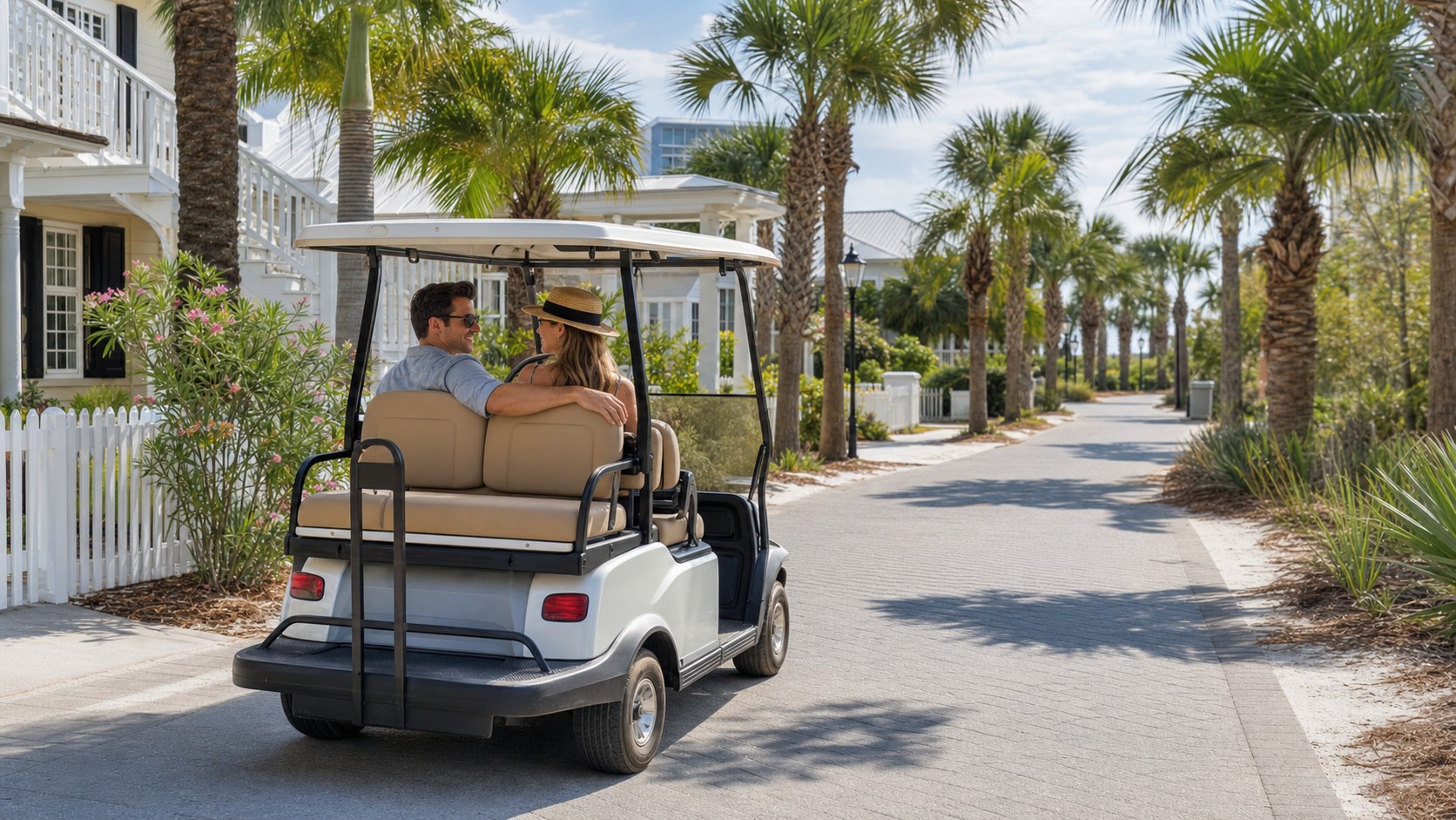 Couple smiling in a rental golf cart driving along a quiet palm-lined neighborhood street near Miramar Beach Florida on a sunny afternoon