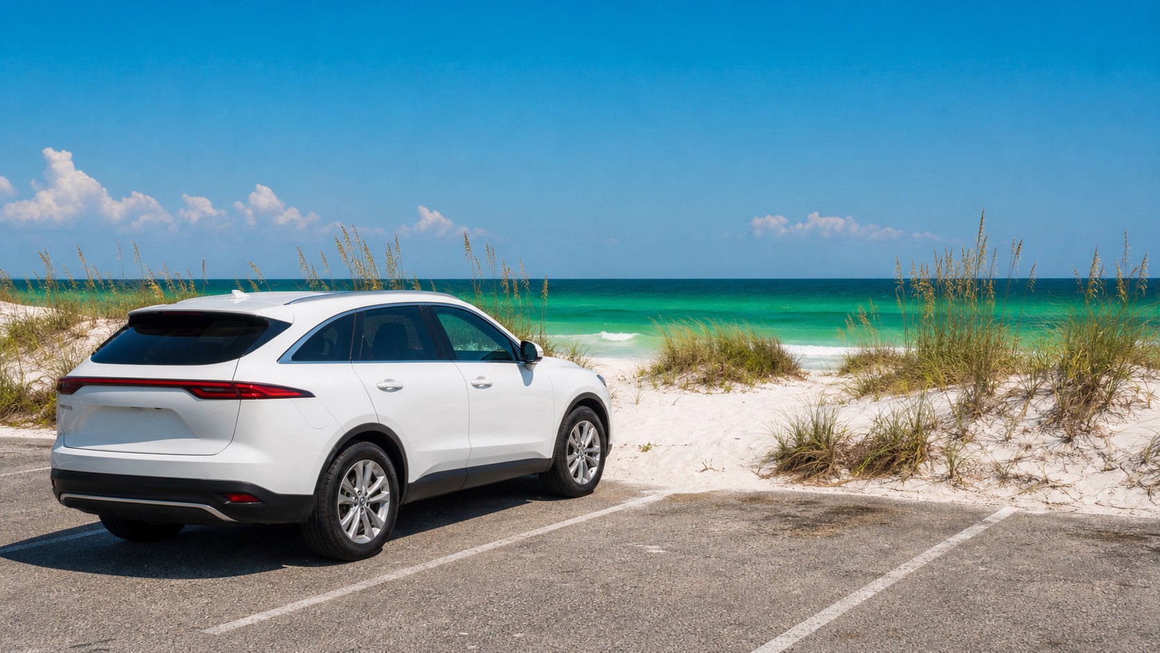 Rental car parked in a Florida beach parking lot with white sand dunes and emerald green Gulf of Mexico in the background on a clear summer day