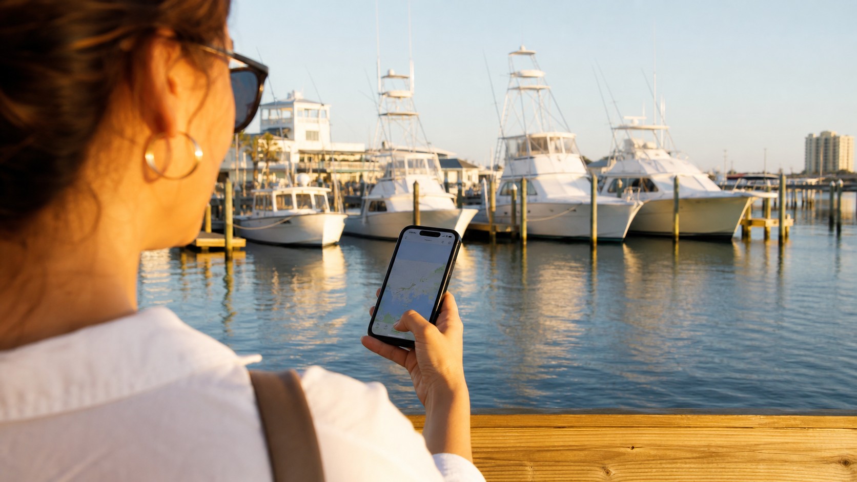 Person using a rideshare app on a smartphone at the Destin Harbor waterfront with charter fishing boats and calm bay water in the background