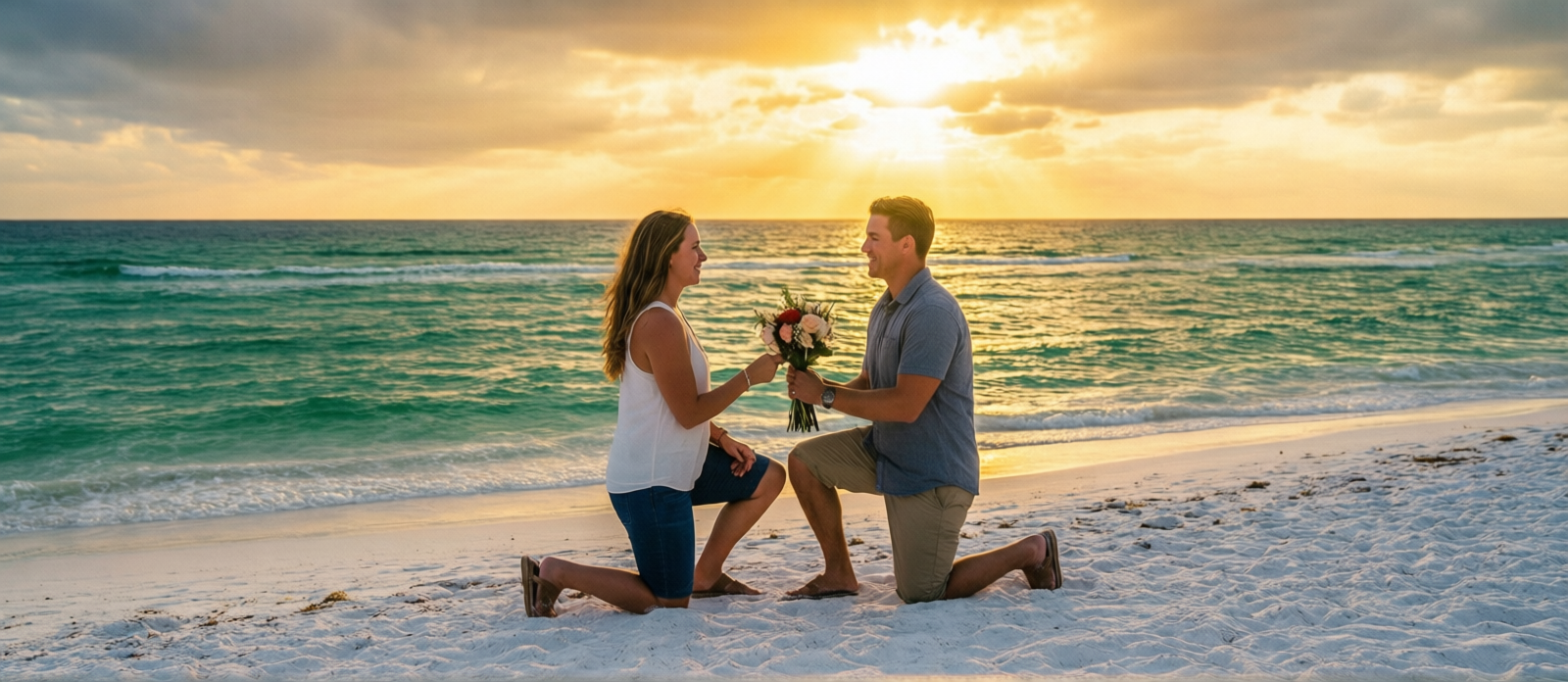 Person kneeling in proposal on white sugar sand beach at golden sunset in Destin Florida with emerald Gulf water and glowing sky behind them