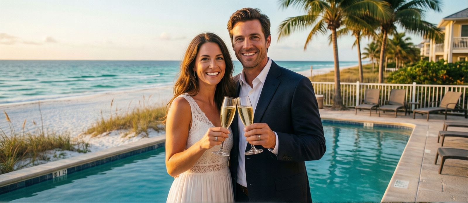 Happy engaged couple celebrating with champagne by a private pool at a vacation rental home in Miramar Beach Florida on a warm sunny afternoon