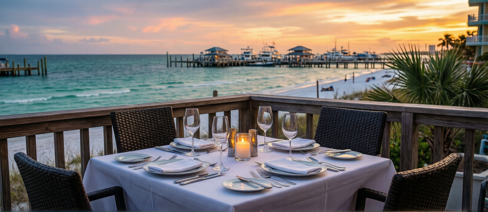 Romantic outdoor dining table at a waterfront restaurant in Destin Florida at sunset with harbor views and warm candlelight