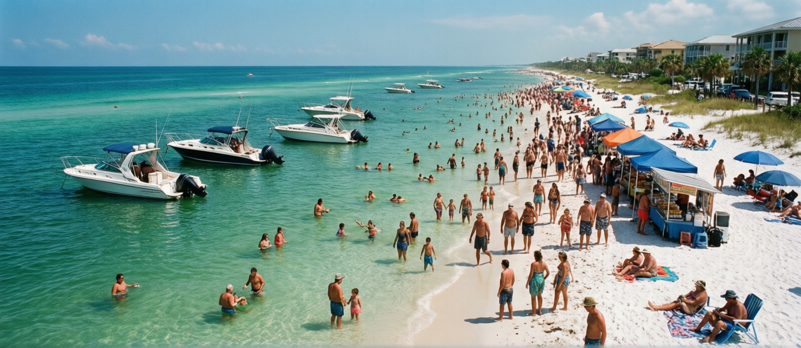 Crab Island sandbar in Destin Florida with boats anchored, families in the water, food vendors, and clear turquoise water on summer day