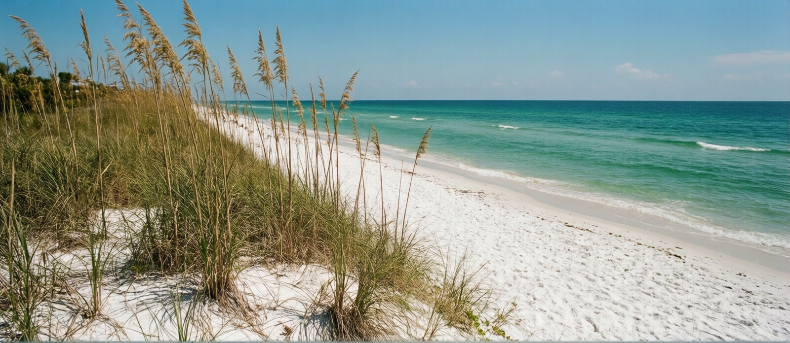 Henderson Beach State Park in Destin Florida with natural dunes, sea oats, quiet stretch of white sand beach, and emerald water
