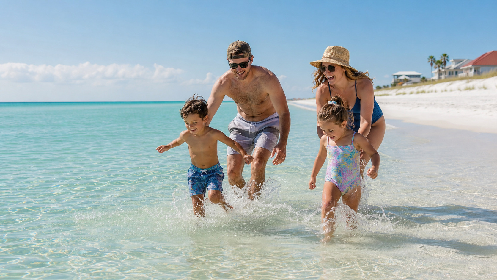 Happy family with young children playing in the shallow clear emerald Gulf water at Destin Florida beach on a sunny summer vacation day