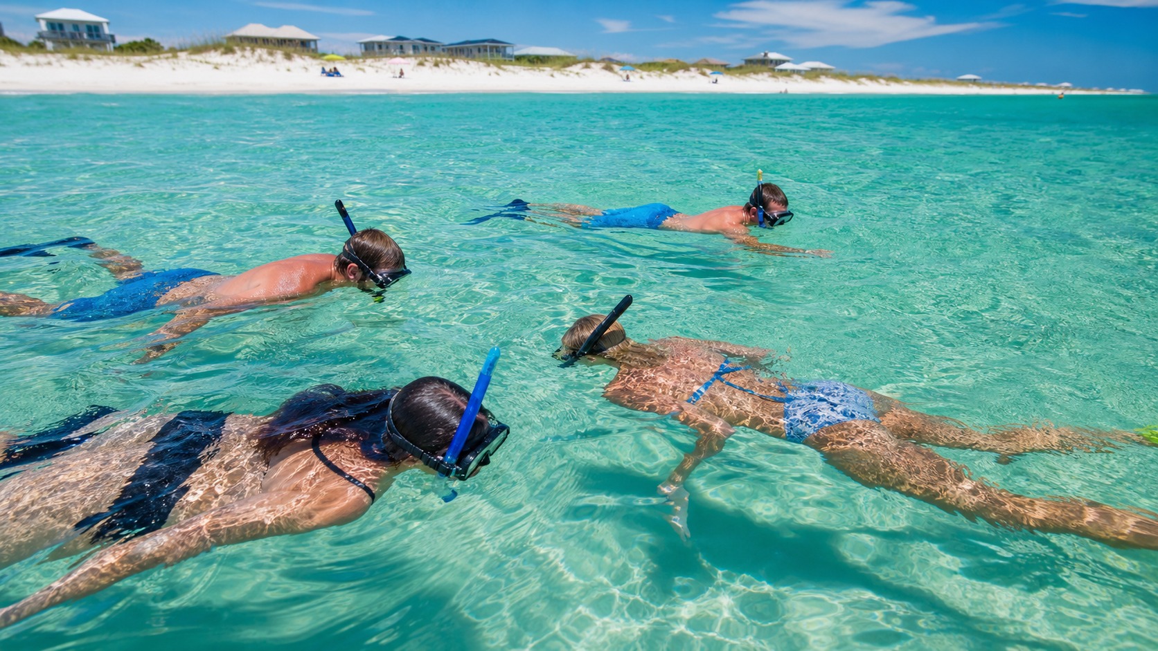 Group of friends snorkeling in clear shallow turquoise water near Destin Florida, wearing masks and fins, bright summer sunshine