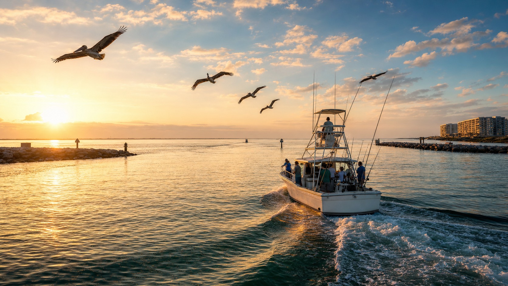 Charter fishing boat heading out of Destin Harbor at sunrise, anglers on deck, pelicans gliding overhead over calm emerald water