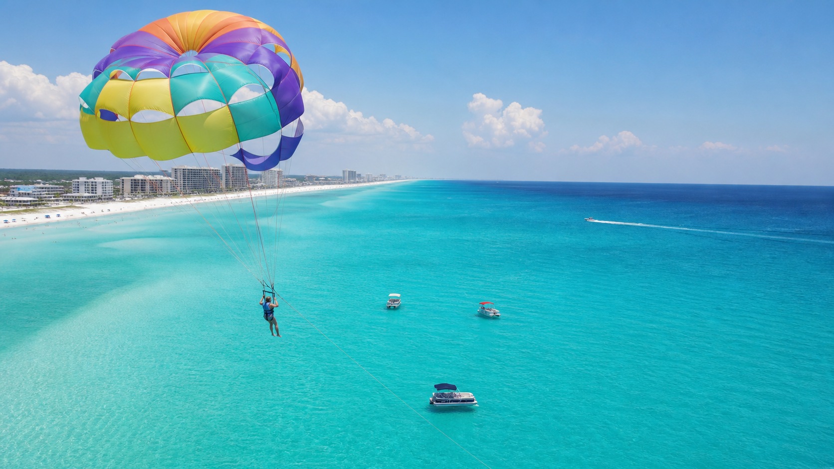 Parasailer soaring over the turquoise Gulf of Mexico near Destin Florida on a sunny summer day with pontoon boats below